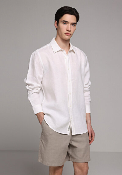 Afficher les détails de Chemise À Manches Longues Blanc Regular Fit Droit Lin Homme
