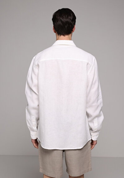 Afficher les détails de Chemise À Manches Longues Blanc Regular Fit Droit Lin Homme
