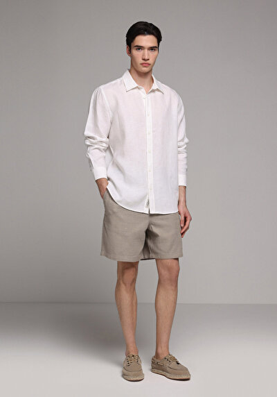 Afficher les détails de Chemise À Manches Longues Blanc Regular Fit Droit Lin Homme