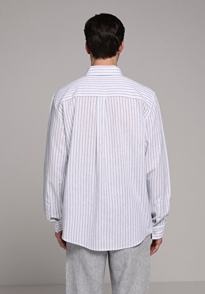 Afficher les détails de Chemise À Manches Longues Marine Regular Fit Rayé Lin Homme