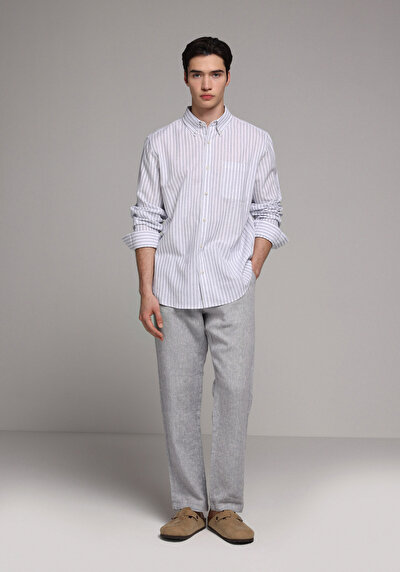 Afficher les détails de Chemise À Manches Longues Marine Regular Fit Rayé Lin Homme
