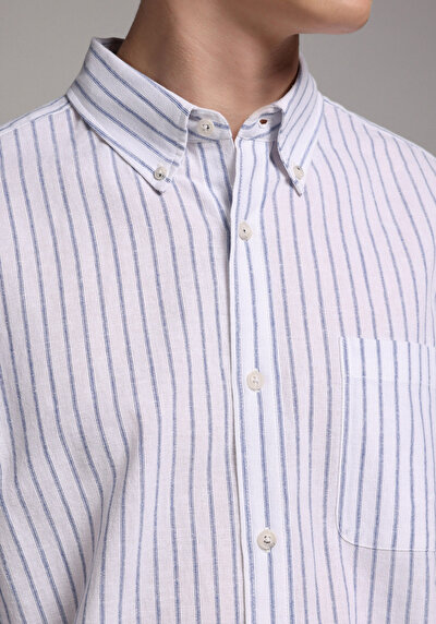 Image de Chemise À Manches Longues Marine Regular Fit Rayé Lin Homme