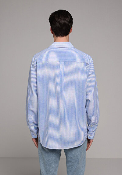 Image de Chemise À Manches Longues Bleu Regular Fit Rayé Lin Homme