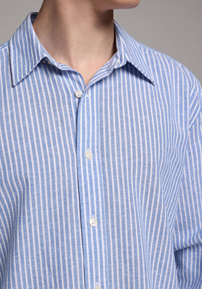 Image de Chemise À Manches Longues Bleu Regular Fit Rayé Lin Homme