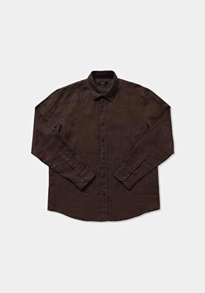 Afficher les détails de Chemise À Manches Longues Marron Regular Fit Droit Lin Homme