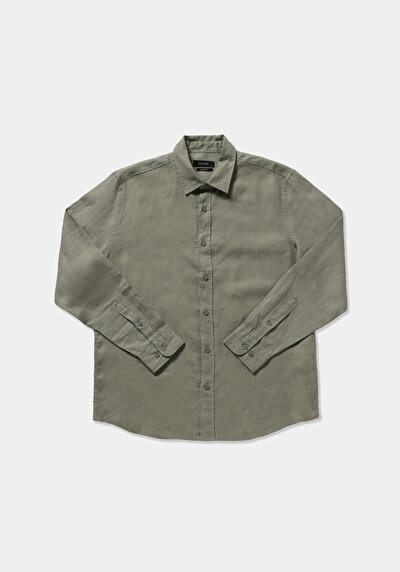 Afficher les détails de Chemise À Manches Longues Vert Regular Fit Droit Lin Homme