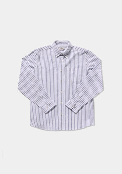 Afficher les détails de Chemise À Manches Longues Marine Regular Fit Rayé Lin Homme