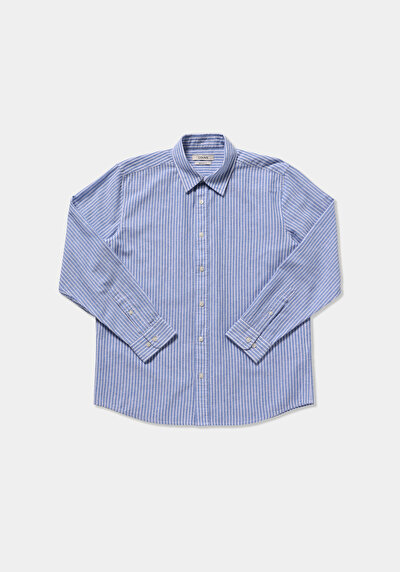 Afficher les détails de Chemise À Manches Longues Bleu Regular Fit Rayé Lin Homme