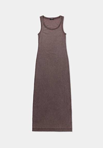 Image de Robe Marron Slim Fit Sans Manches Mdi Côtelé Femme