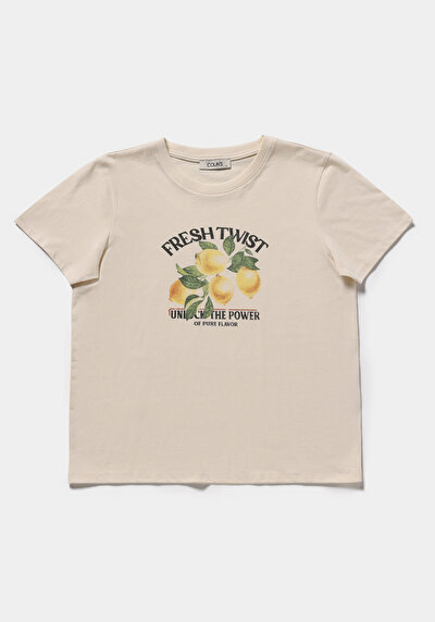 Image de T-shirt À Manches Courtes Ecru Regular Fit Imprimé Femme