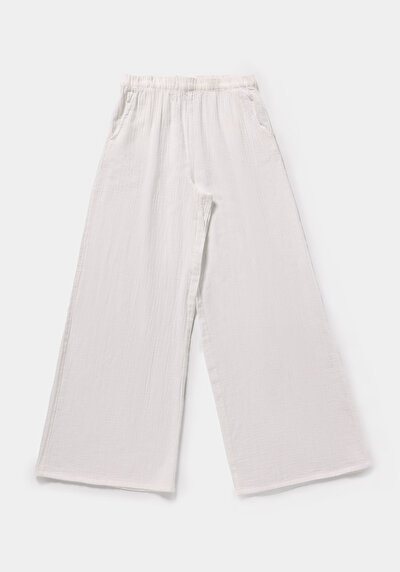 Afficher les détails de Pantalon Blanc Wide Leg High Rise En Mousseline Regular Fit Femme