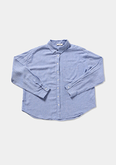 Image de Chemise À Manches Longues Bleu X Boyfriend Fit Rayé Uni Femme