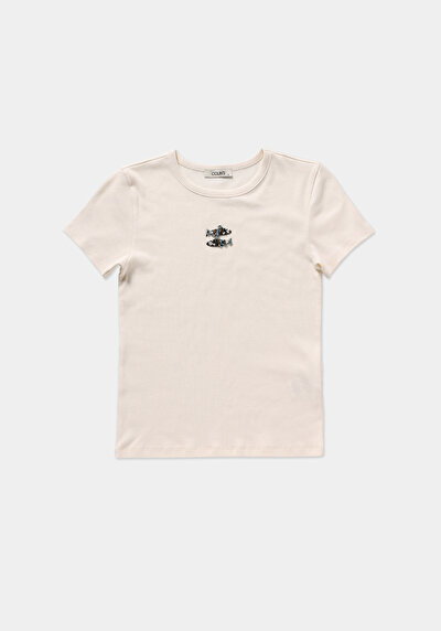 Image de T-shirt À Manches Courtes Ecru Slim Fit Brodé Femme