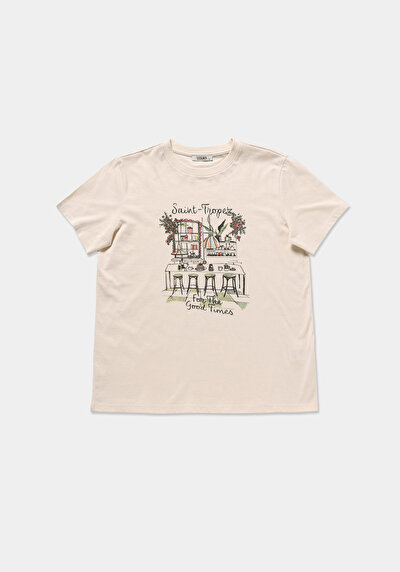 Image de T-shirt À Manches Courtes Ecru Regular Fit Imprimé Femme