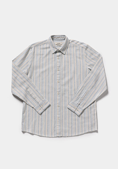 Afficher les détails de Chemise À Manches Longues Bleu Relaxed Fit Rayé Lin Homme