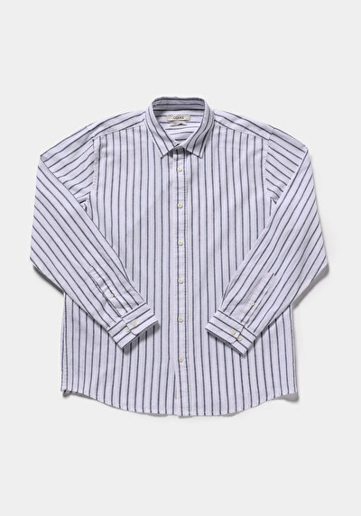 Afficher les détails de Chemise À Manches Longues Marine Regular Fit Rayé Lin Homme
