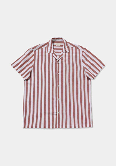 Afficher les détails de Chemise À Manches Courtes Saumon Rayé Relaxed Fit Homme
