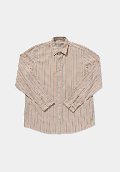 Image de Chemise À Manches Longues Saumon Relaxed Fit Rayé Lin Homme