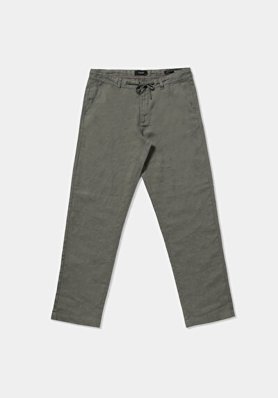 Image de Pantalon Vert Straight Leg Medium Rise En Lin Regular Fit Homme