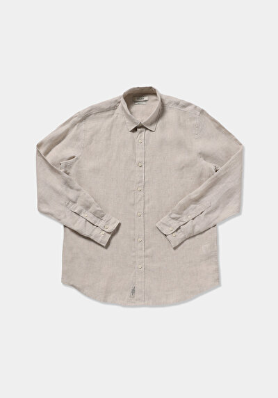 Afficher les détails de Chemise À Manches Longues Beige Regular Fit Droit Lin Homme