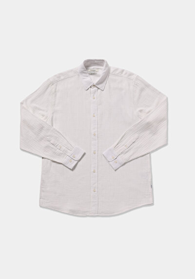 Afficher les détails de Chemise À Manches Longues Blanc Relaxed Fit Droit Tissu Froissé Homme