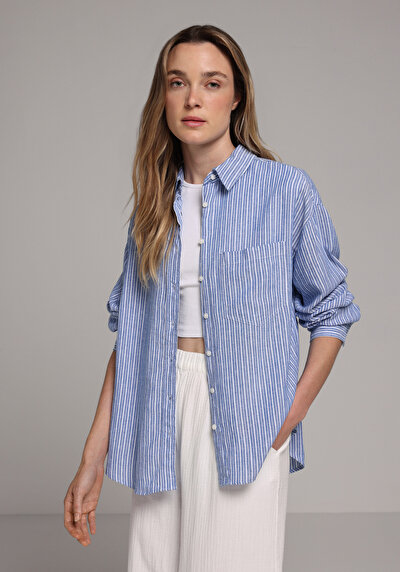 Image de Chemise À Manches Longues Bleu X Boyfriend Fit Rayé Uni Femme