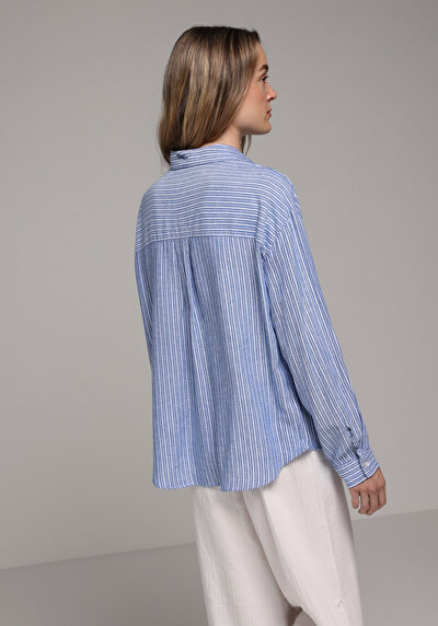 Image de Chemise À Manches Longues Bleu X Boyfriend Fit Rayé Uni Femme