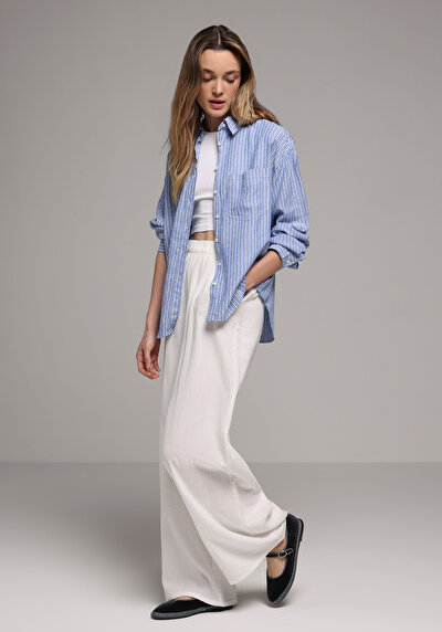 Image de Chemise À Manches Longues Bleu X Boyfriend Fit Rayé Uni Femme