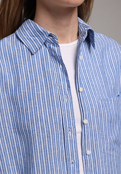 Image de Chemise À Manches Longues Bleu X Boyfriend Fit Rayé Uni Femme