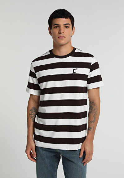 Image de T-shirt À Manches Courtes Marron Regular Fit Rayé Homme