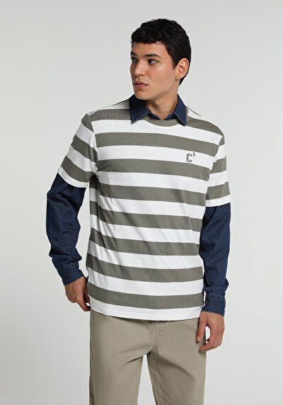 Image de T-shirt À Manches Courtes Blanc Regular Fit Rayé Homme