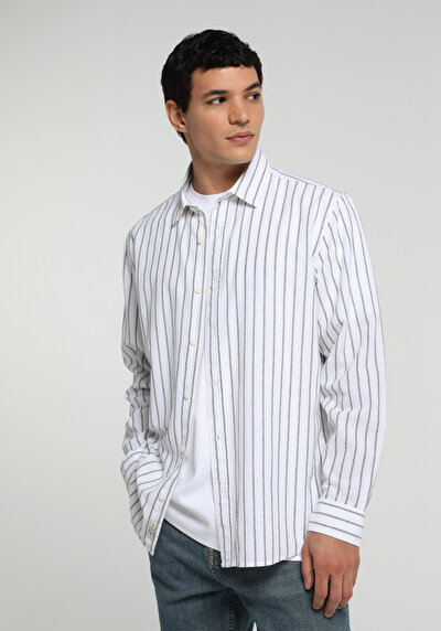 Image de Chemise À Manches Longues Vert Regular Fit Rayé Lin Homme