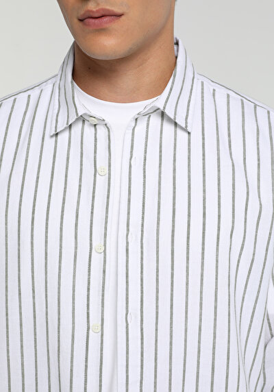 Image de Chemise À Manches Longues Vert Regular Fit Rayé Lin Homme