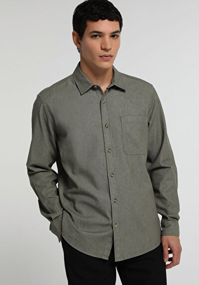 Image de Chemise À Manches Longues Vert Regular Fit Droit Sergé Homme