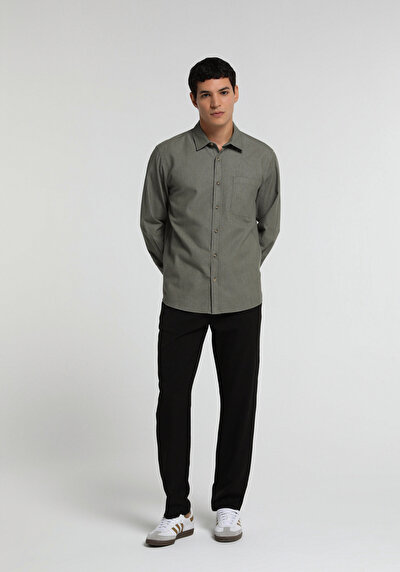 Image de Chemise À Manches Longues Vert Regular Fit Droit Sergé Homme