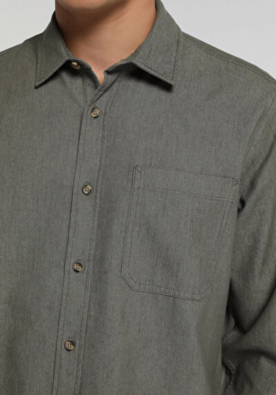 Image de Chemise À Manches Longues Vert Regular Fit Droit Sergé Homme