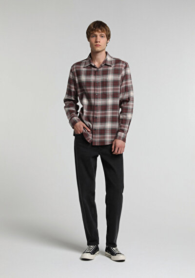 Image de Chemise À Manches Longues Bordeaux Regular Fit Plaid Sergé Homme
