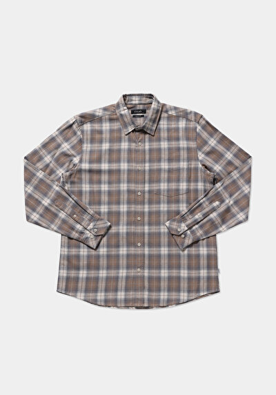 Image de Chemise À Manches Longues Beige Regular Fit Plaid Flanelle Homme
