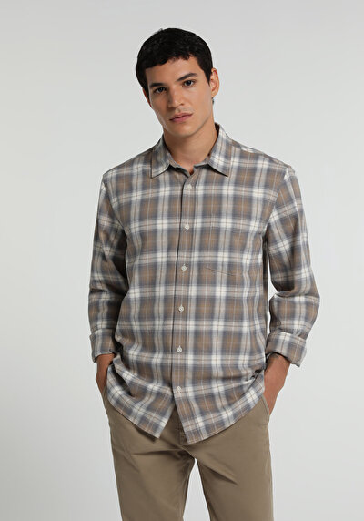 Image de Chemise À Manches Longues Beige Regular Fit Plaid Flanelle Homme