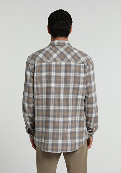 Image de Chemise À Manches Longues Beige Regular Fit Plaid Flanelle Homme