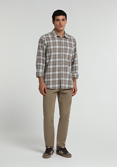 Image de Chemise À Manches Longues Beige Regular Fit Plaid Flanelle Homme