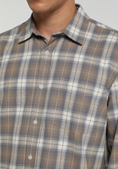 Image de Chemise À Manches Longues Beige Regular Fit Plaid Flanelle Homme