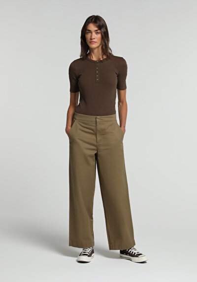 Image de Pantalon Vert Wide Leg High Rise Sergé Regular Fit Femme