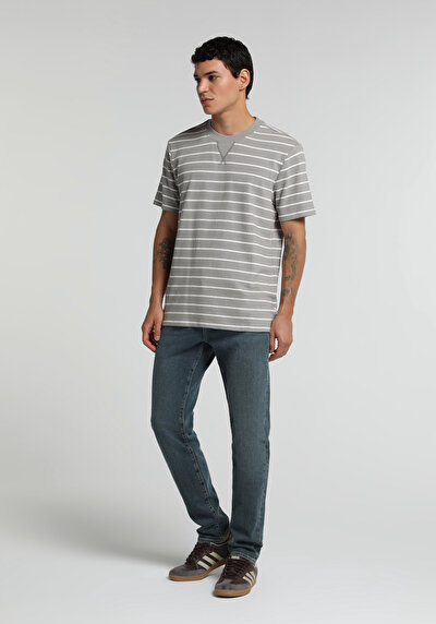 Image de T-shirt À Manches Courtes Gris Regular Fit Rayé Homme