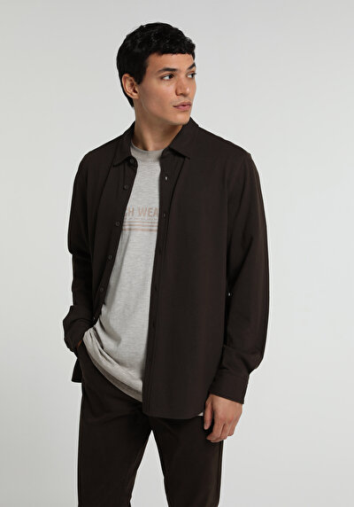 Image de Chemise À Manches Longues Marron Regular Fit Droit Pique Homme
