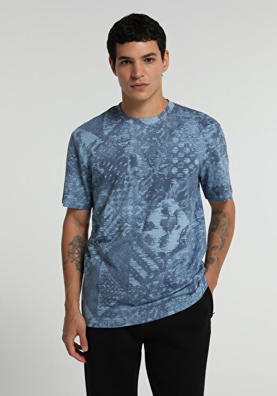 Image de T-shirt À Manches Courtes Bleu Regular Fit Imprimé Homme