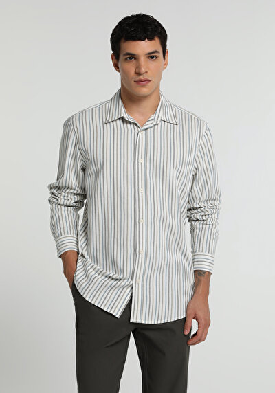 Image de Chemise À Manches Longues Bleu Regular Fit Rayé Sergé Homme