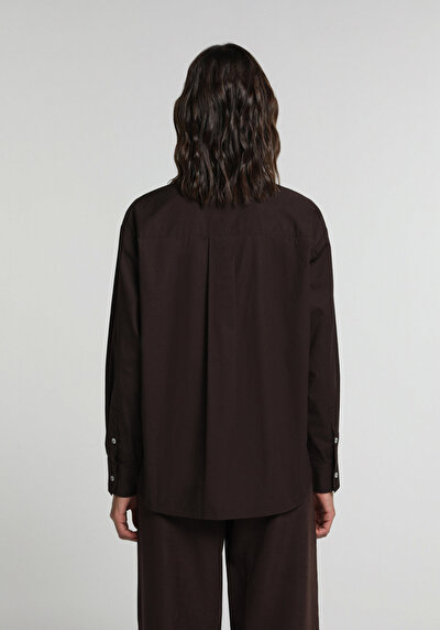 Image de Chemise À Manches Longues Marron Boyfriend Fit Droit Popeline Femme