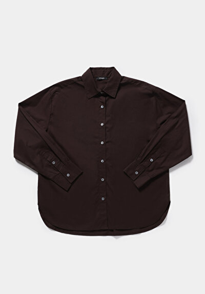 Image de Chemise À Manches Longues Marron Boyfriend Fit Droit Popeline Femme