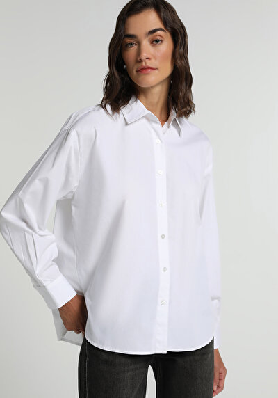 Image de Chemise À Manches Longues Blanc Boyfriend Fit Droit Popeline Femme